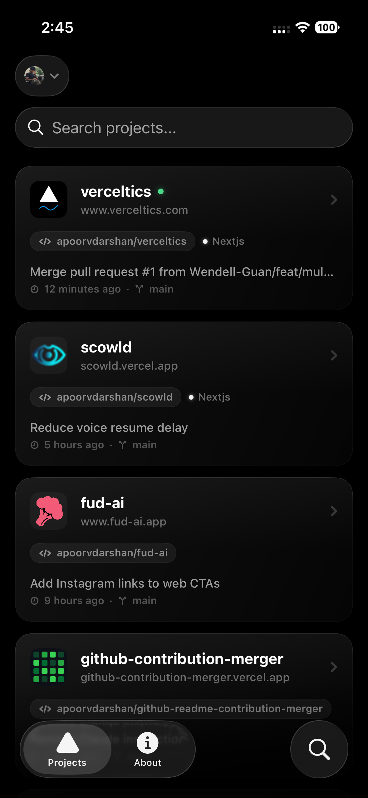 Verceltics project list with favicons and live deploy dots
