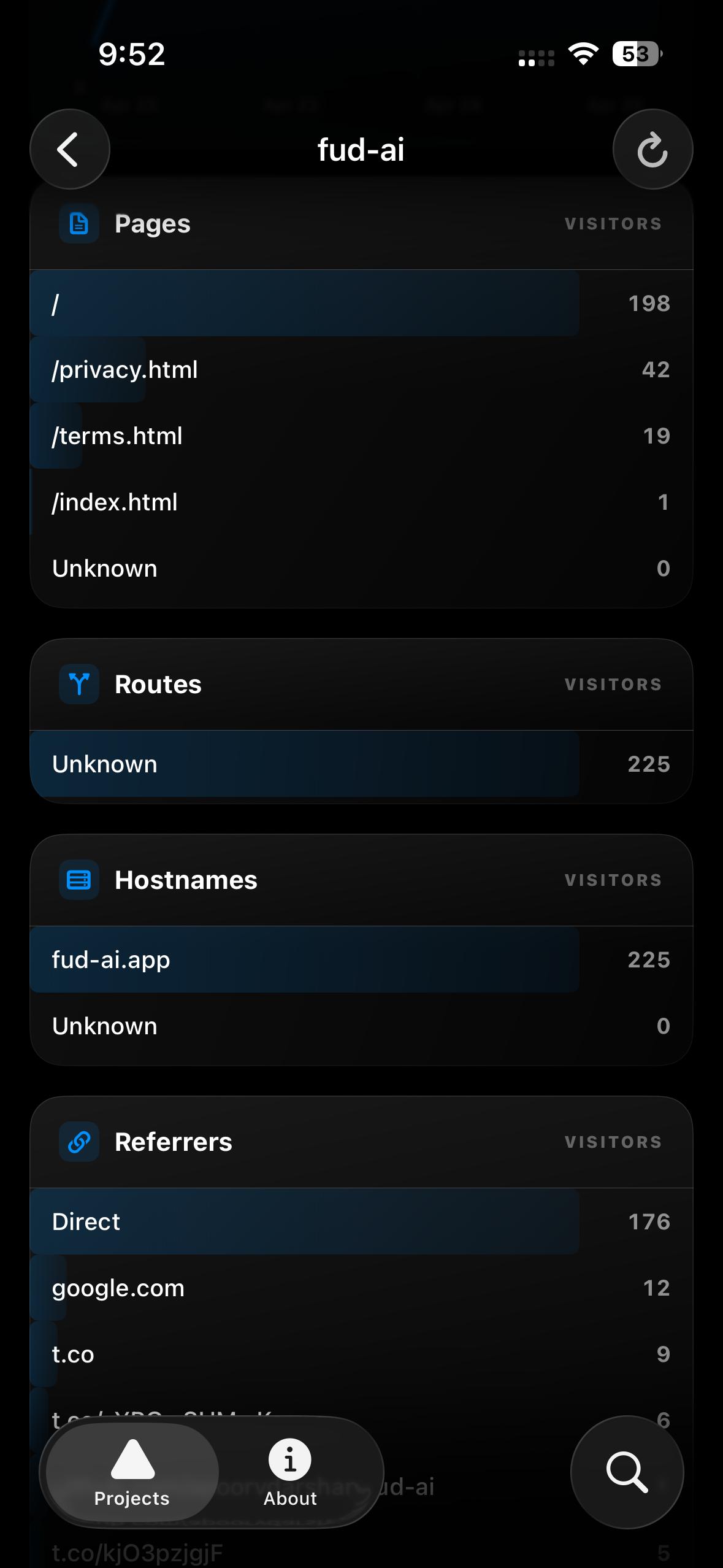 Pages, routes, hostnames, and referrers ranked
